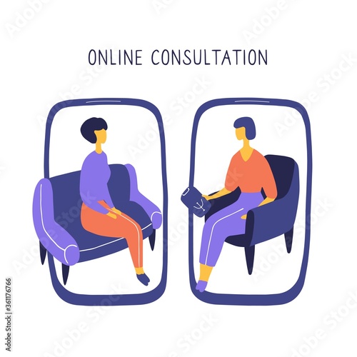 Woman at the psychologist online session. Doctor consultation by phone. Video call to psychiatrist. Online psychological therapy. Hand drawn doodle vector graphic