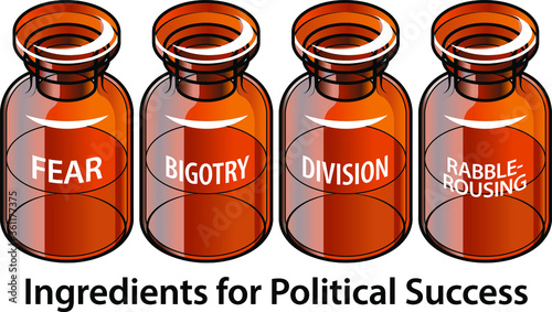 Concept: ingredients to build a successful political career or empire. Fear, bigotry, division and rabble-rousing.