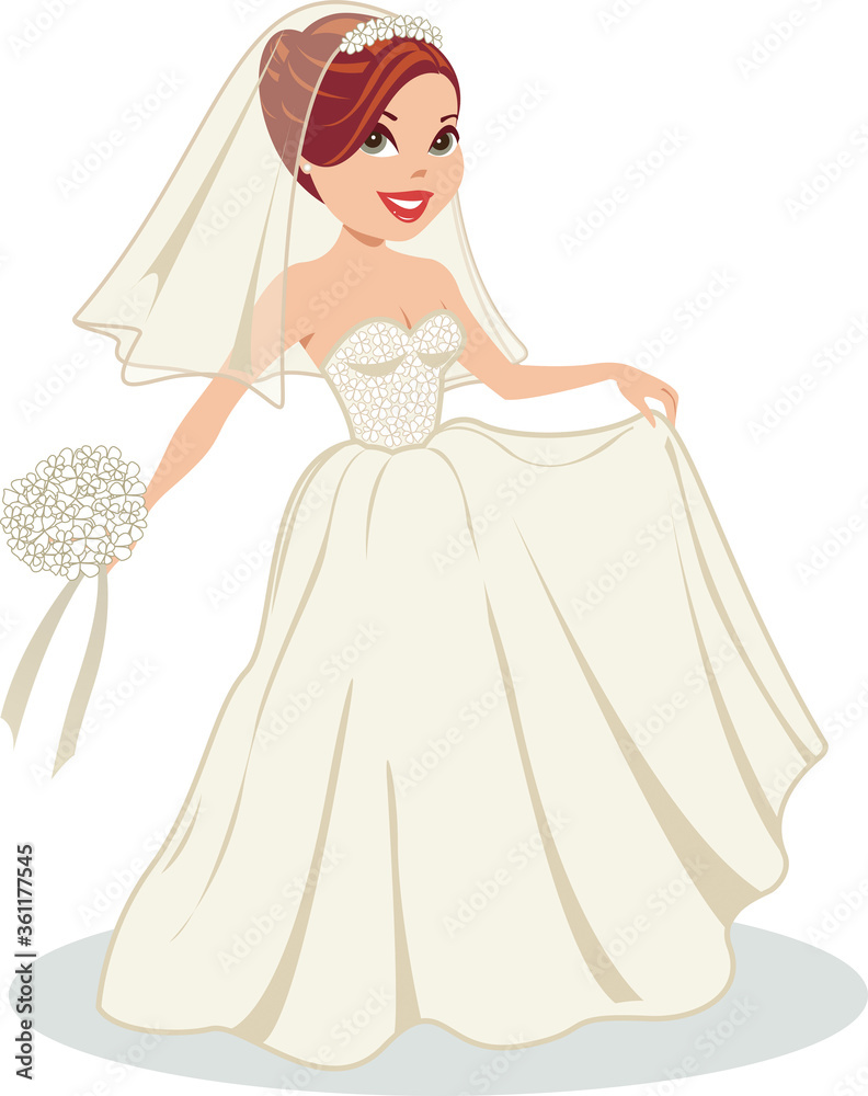 Beautiful, happy bride in a white wedding gown with veil and bouquet. Beautiful, happy bride in a white wedding gown with veil and bouquet.