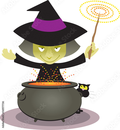Wicked witch casts a spell over her bubbling cauldron