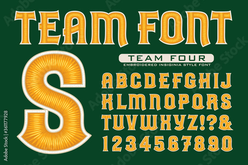 An Alphabet in the Style of Embroidered Insignias for Sports Teams; This Yellow on Green Lettering is Highlighted with Satiny 3d Thread Effects