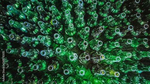 Full frame of empty cider green bottles