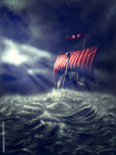 Viking ship on a stormy sea, the rays of the sun shining through the cloudy sky - painting