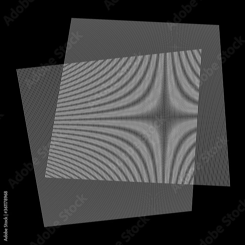 Moiré pattern by two overlapping lined surfaces. Moire effect or interference patterns on black background. Vector illustration.

