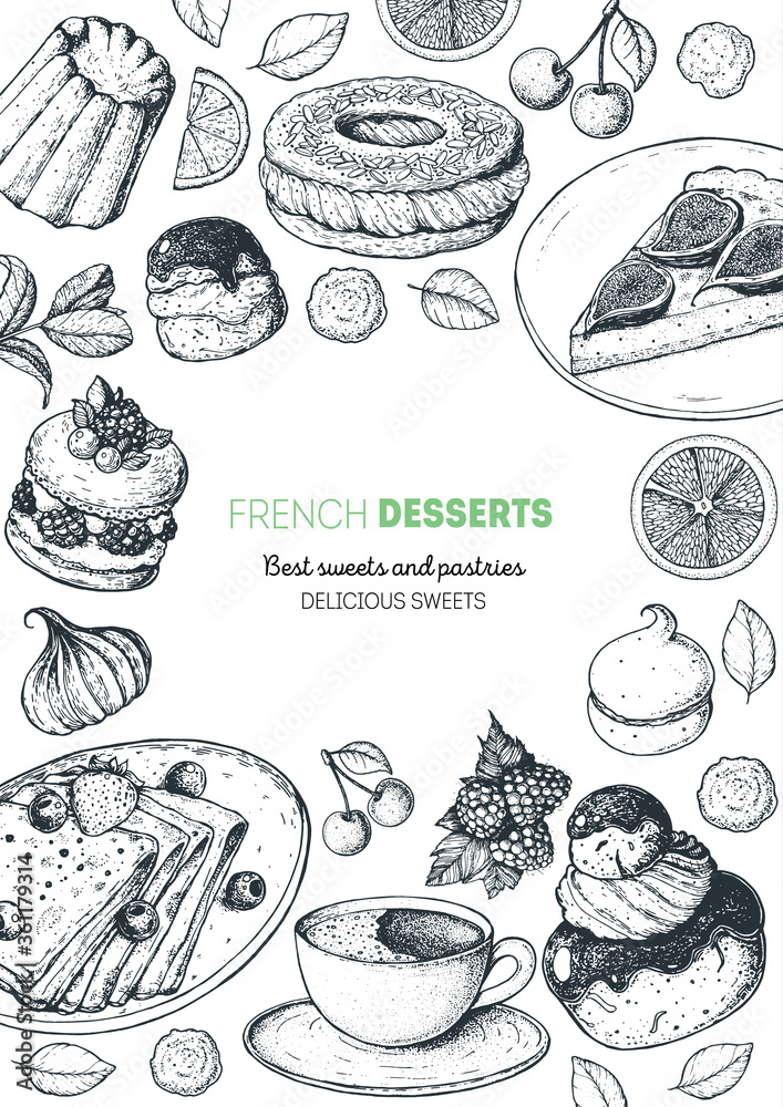 A set of french desserts with canele, Ispahan, crepes, chocolate ...