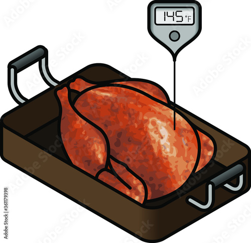 A roast chicken/turkey in a roasting pan with a meat thermometer showing the minimum safe cooking temperature of 145 F.