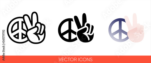 Peace sign hand with fingers and pacific sign, international symbol of peace, disarmament, antiwar movement in purple color icon. Isolated vector sign symbol.