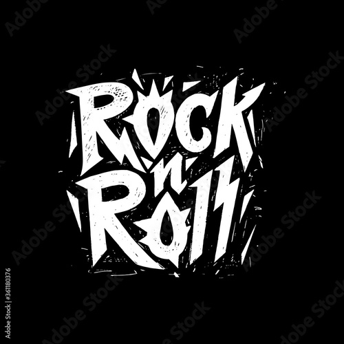 Rock n roll grunge style printable poster design, t-shirts and other textiles. Vector illustration. Graphic print, hand lettering.