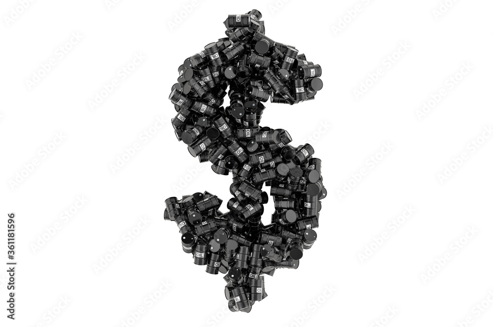 Dollar symbol from black oil barrels, 3D rendering