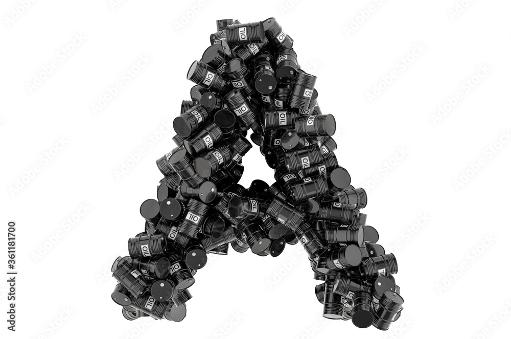 Letter A from black oil barrels, 3D rendering Letter A from black oil barrels, 3D rendering
