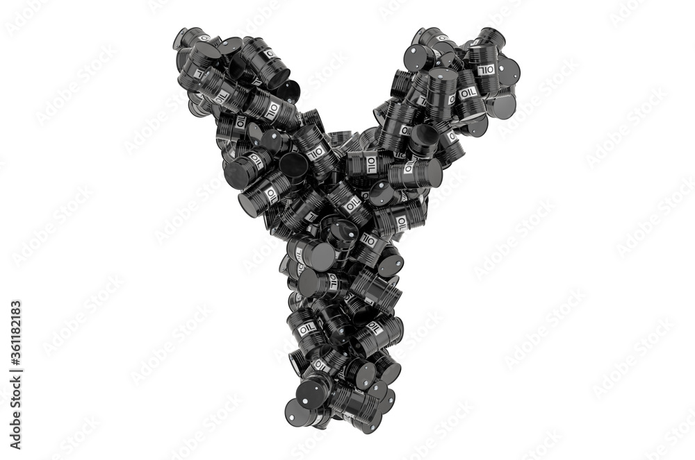 Letter Y from black oil barrels, 3D rendering Letter Y from black oil barrels, 3D rendering