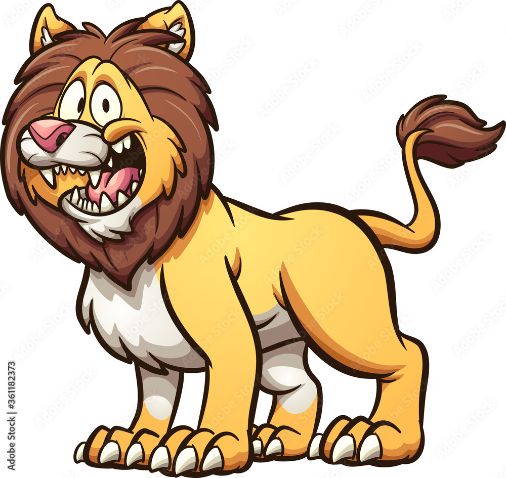 Vecteur Stock Happy cartoon male lion with big smile standing on four legs.  Vector clip art illustration with simple gradients. All on a single layer.  | Adobe Stock