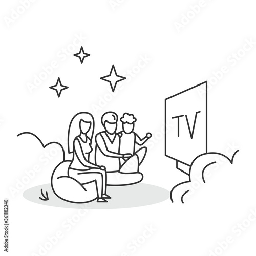 Watch tv icon. Family sitting at tv screen outdoors, watching television movie or show. Concept linear pictogram for family summer vacation outdoor activity ideas. Editable stroke vector illustration