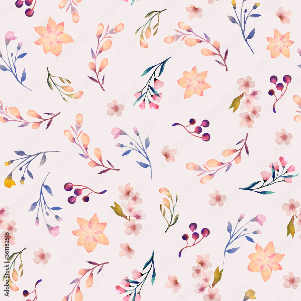 Seamless watercolor flower pattern. Delicate botanical design. Light pink background