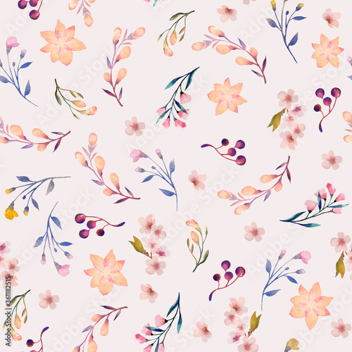 Seamless watercolor flower pattern. Delicate botanical design. Light pink background