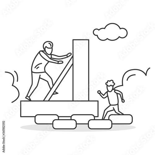 Family activity icon. Father and son climbing self built obstacle course. Concept linear pictogram for backyard family sport activity and summer vacation sports. Editable stroke vector illustration