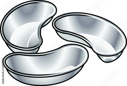 A set of three stainless steel kidney dishes.