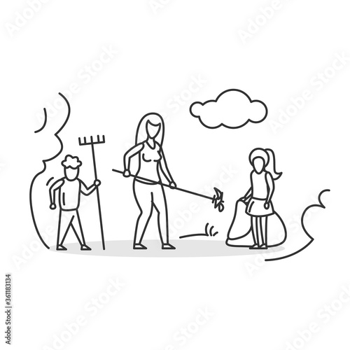 Gardening icon. Mother and kids tiding front lawn or volunteering in park. Family vacation summer and spring outdoor activities concept linear pictogram. Editable stroke vector illustration