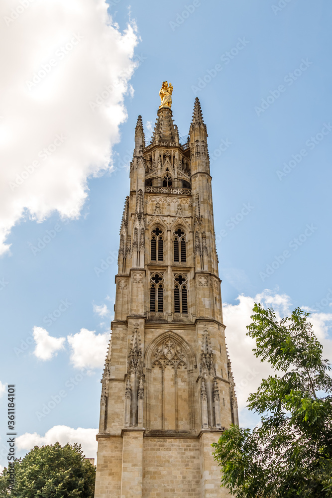 Bordeaux, France. Bell Tower Pey Berland (XV century) at the Place Pey Berland next to Cathedrale Saint-Andre.