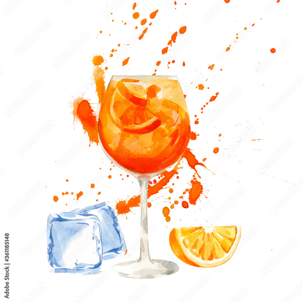 Glass of Aperol Spritz cocktail with an ice cube and red orange, hand-drawn  watercolor illustration. Stock-Illustration | Adobe Stock