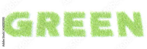 GREEN text made with grass on white background, 3D rendering