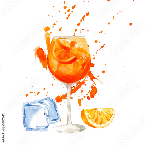 Glass of Aperol Spritz cocktail with an ice cube and red orange, hand-drawn watercolor illustration.