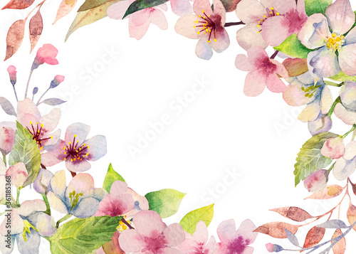 Wallpaper Mural Watercolor romantic frame of spring blooming flowers with leaves. Botanical illustration. Delicate background for wedding invitation, save the date, advertising, greetings Torontodigital.ca