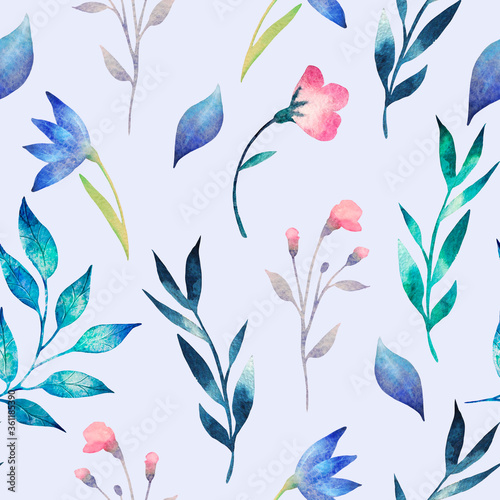 Watercolor seamless pattern with flowers on a gentle blue background.