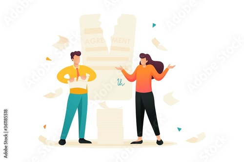 Contract break, the agreement between the companies. Flat 2D character. Concept for web design