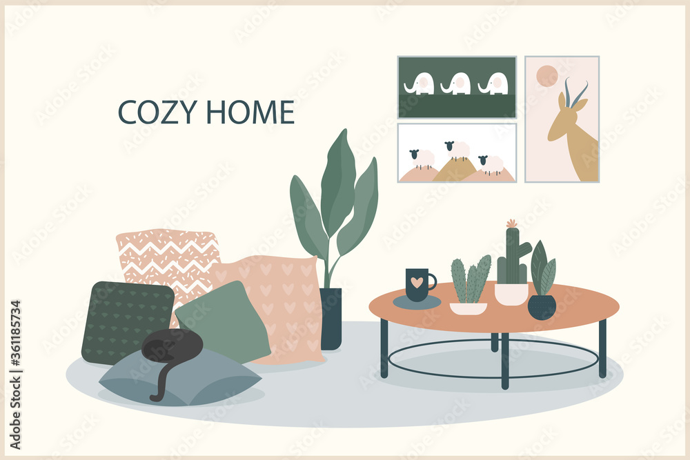 Fototapeta premium Cozy home theme handmade illustration.Simple room interior for use in design for home decorative prints, flower shop decor, wallpaper, bag or t-shirt print, art workshop etc.