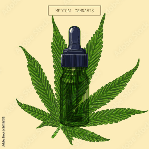 Medical cannabis marijuana nine-pointed leaf and green dropper, hand drawn illustration in a retro style