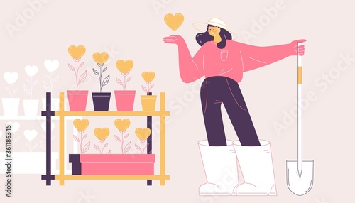 Vector concept scene with woman who grows her likes and rises social media popularity. Outline character with shovel and hearts in pots