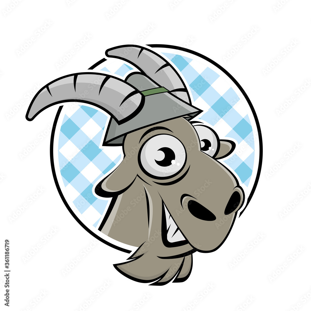 Obraz premium funny cartoon logo of a happy goat with hat in a badge