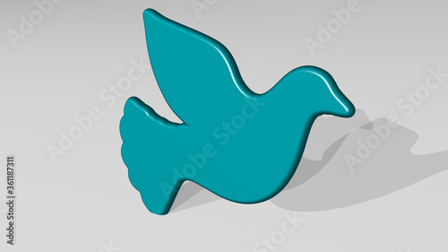 pigeon made by 3D illustration of a shiny metallic sculpture on a wall with light background. bird and dove