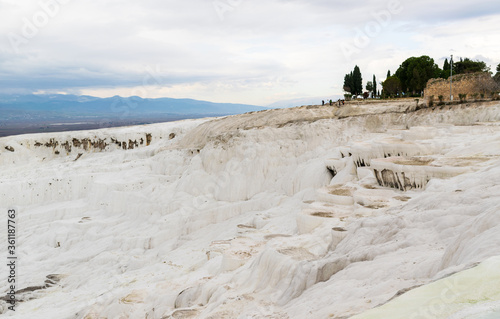 There is no water left in the natural travertine pools in Pamukkale.