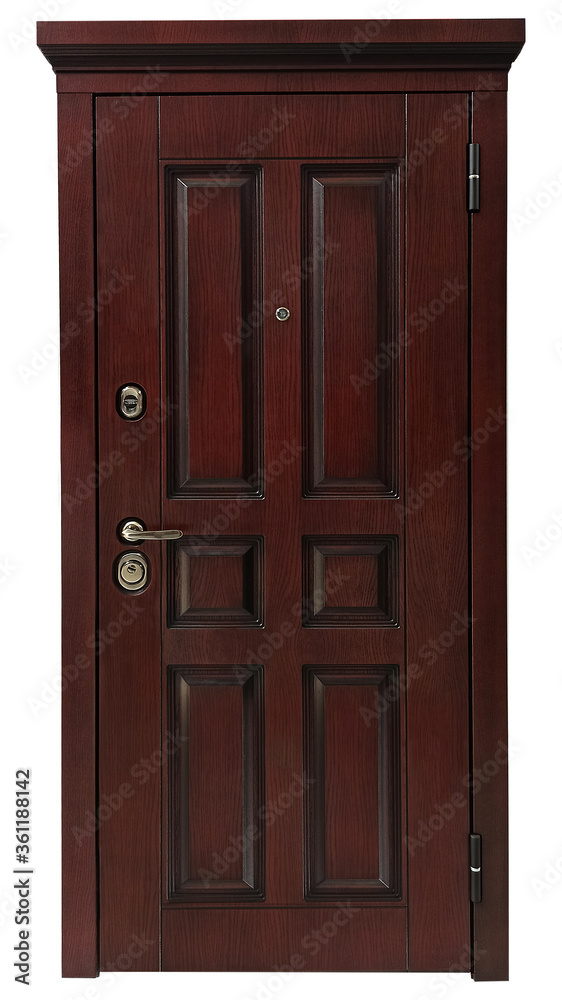 Metal entrance door with a door frame, with two keyholes, with a peephole. Isolated on white background. Imitation of a wooden door. Metal entrance door with a door frame, with two keyholes, with a peephole. Isolated on white background. Imitation of a wooden door.