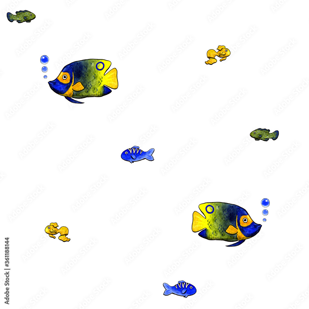 Fototapeta premium Seamless pattern of watercolor fish isolated on white 