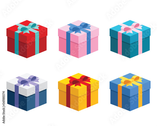 6 various presents / gift boxes group set with colorful ribbon bows flat design collection set. Vector isometric illustration icon for interface app ui ux web isolated on white background