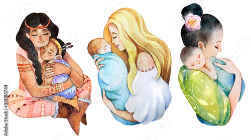 Watercolor illustration. A set of different nationalities moms with children