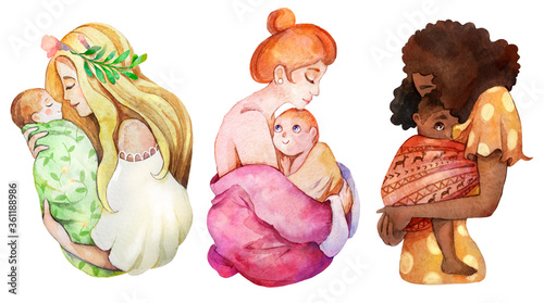 Watercolor illustration. Set of mothers of different nationalities with a child