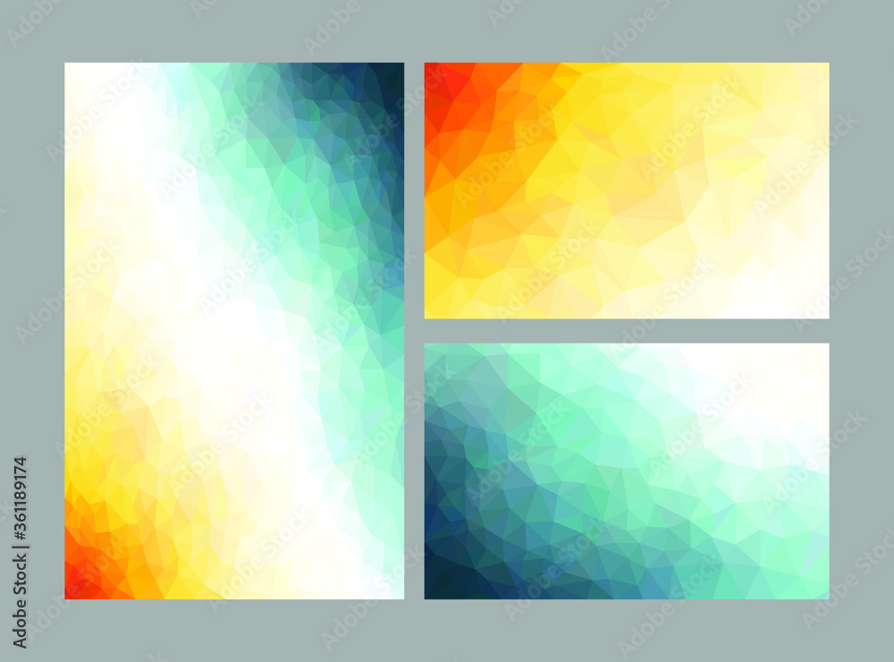 Fototapeta Set of gradient blue white yellow low poly mosaic background vectors