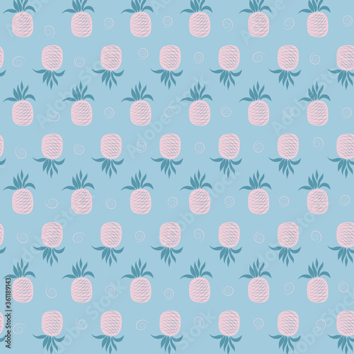 Vector seamless pattern with pink pineapples on a blue background.