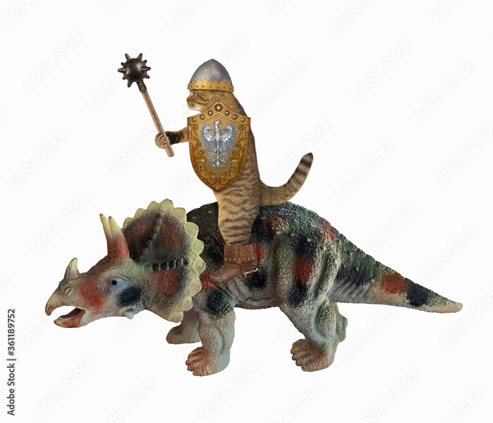 Obraz premium The beige cat knight in a boots and a helmet with a spiked mace and a shield is riding a war triceratops. White background. Isolated.