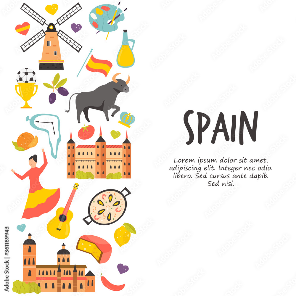 Naklejka premium Tourist poster with famous destinations and landmarks of Spain. Explore Spain concept image.