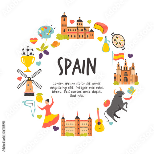 Tourist poster with famous destinations and landmarks of Spain. Explore Spain concept image.