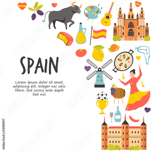 Tourist poster with famous destinations and landmarks of Spain. Explore Spain concept image.