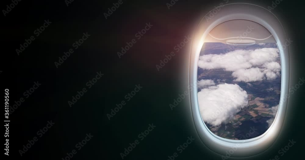 Black backgrounds of Copy space with airplane window frame seat and view of airline wing cloud nature cityscape during international transport holiday travel vacation in summer 