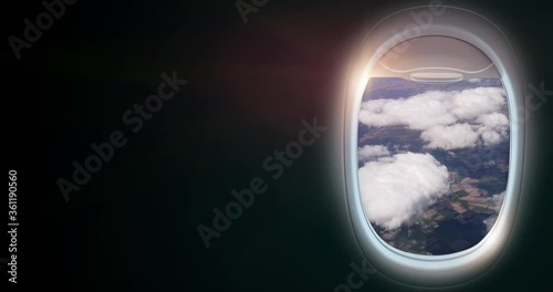 Black backgrounds of Copy space with airplane window frame seat and view of airline wing cloud nature cityscape during international transport holiday travel vacation in summer 