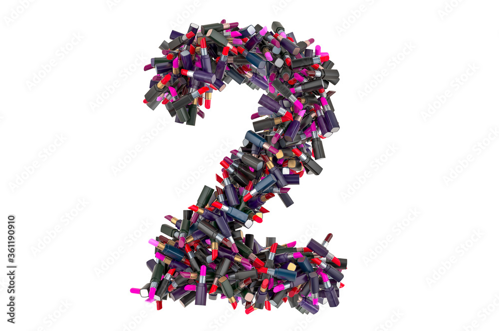 Number 2 from colored lipsticks, 3D rendering Number 2 from colored lipsticks, 3D rendering