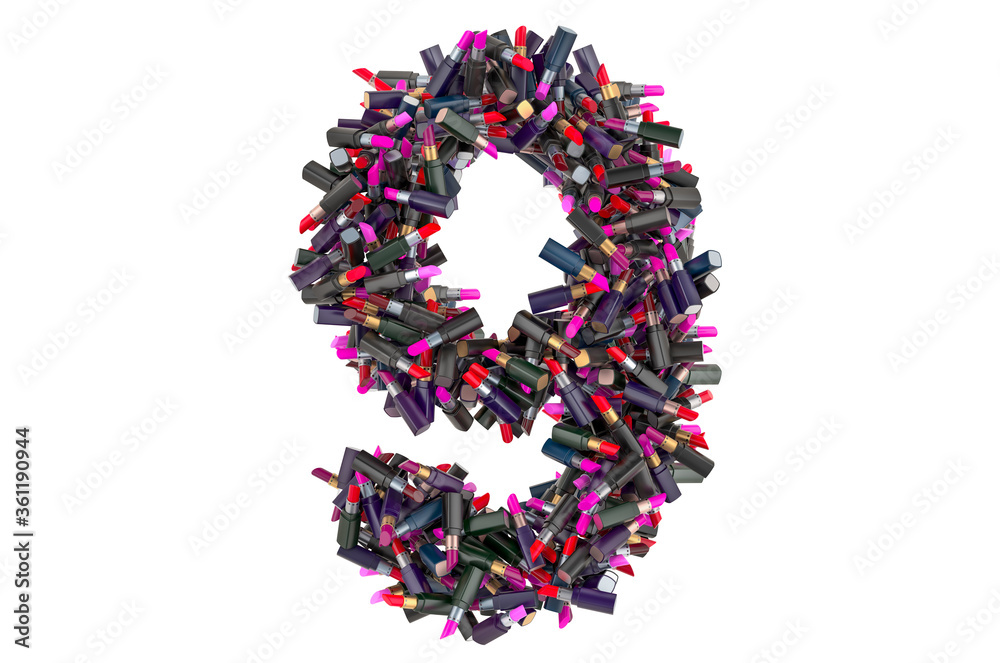 Number 9 from colored lipsticks, 3D rendering Number 9 from colored lipsticks, 3D rendering